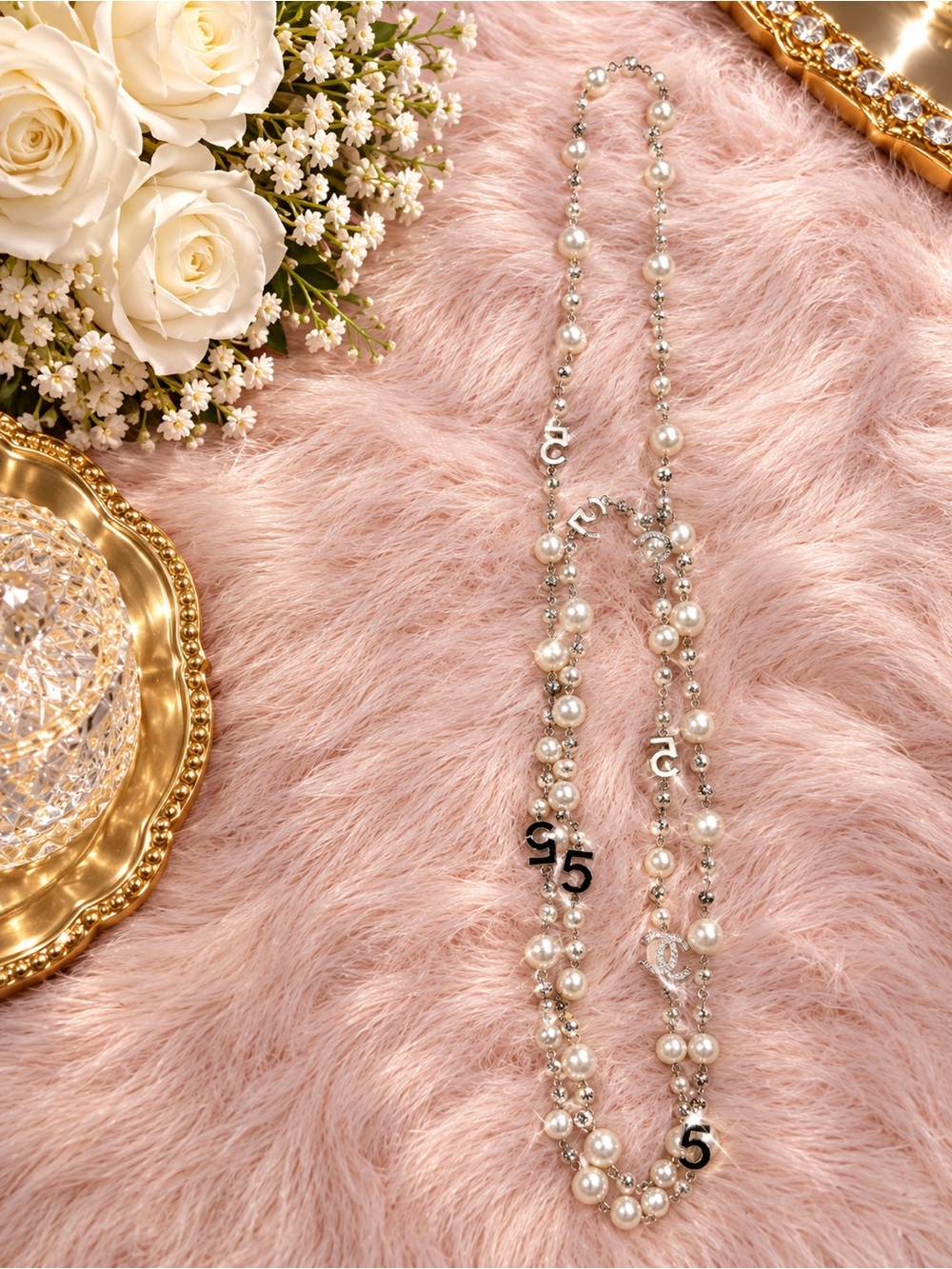 Source Unknown Pearl and Silver Crystal Long Necklace